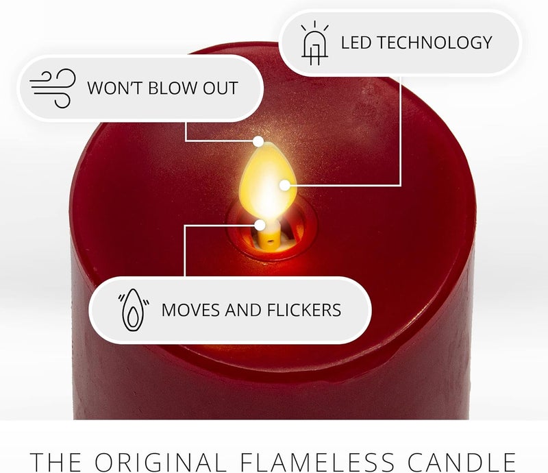 LUMINARA Flameless Flickering Melted Edge Set of 3 Candles, Battery Operated & Timer Function, Remote Included, Unscented Paraffin Burgundy Wax LED Light Pillar, Christmas Holiday Décor - Image 3